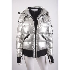 SAM New York Womans Bungalow Down Puffer Jacket Coat Size L Silver Hooded NWT